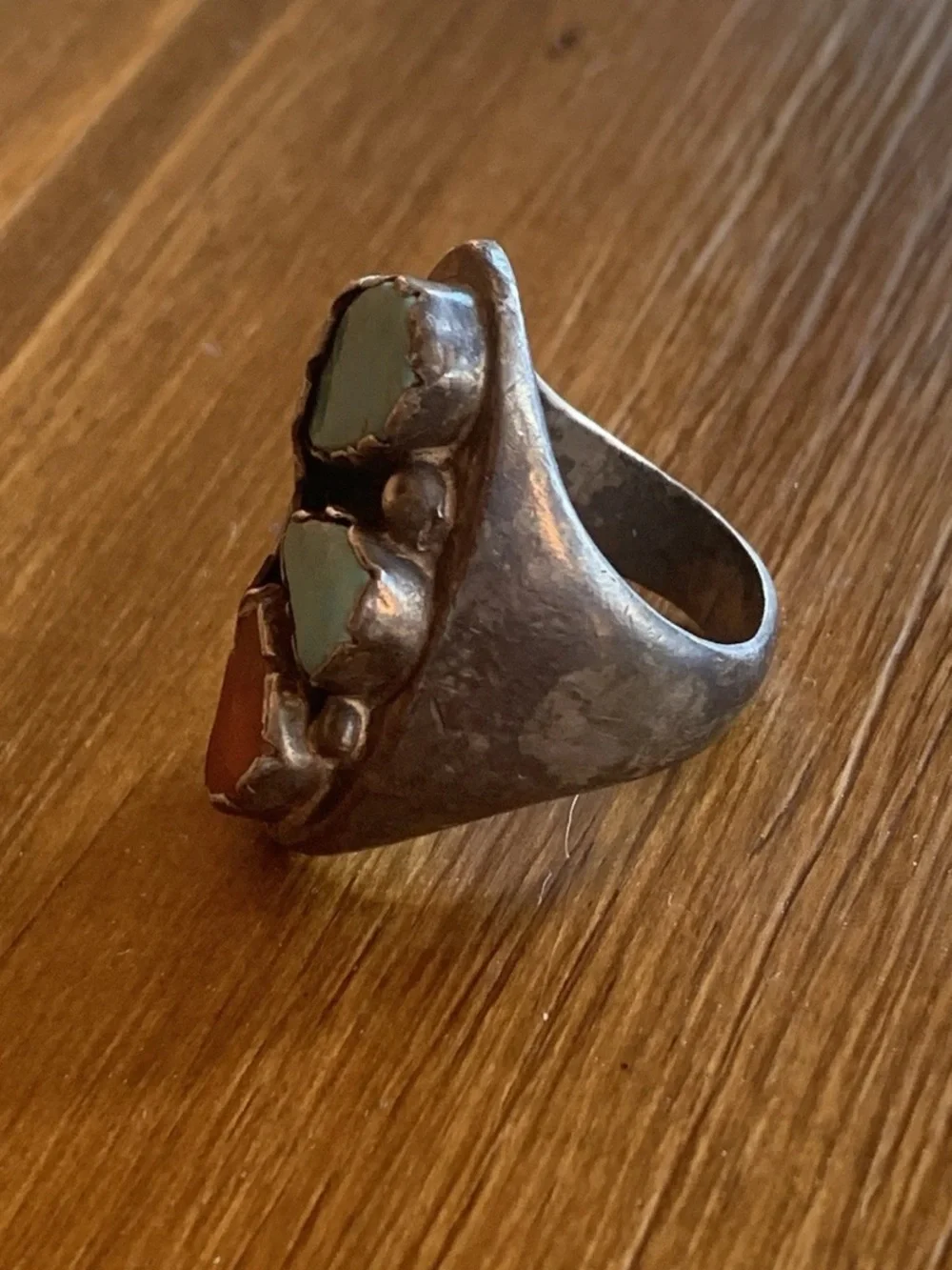 Vintage, heavy Turquoise & Coral Ring